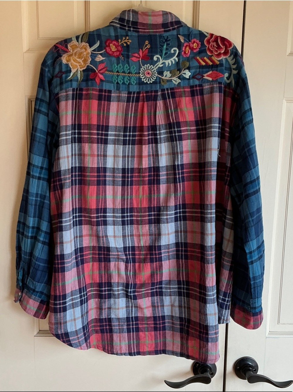 Johnny Was Pink and Blue Plaid Embroidered Eliona snap Button-Up Top - Picture 16 of 16